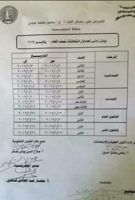 جدول امتحانات الصف الثالث الاعدادي 2019 محافظة المنوفية