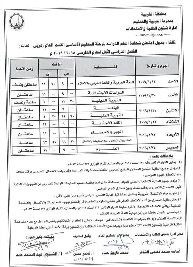 جدول امتحانات الشهادة الاعدادية 2019 محافظة الغربية